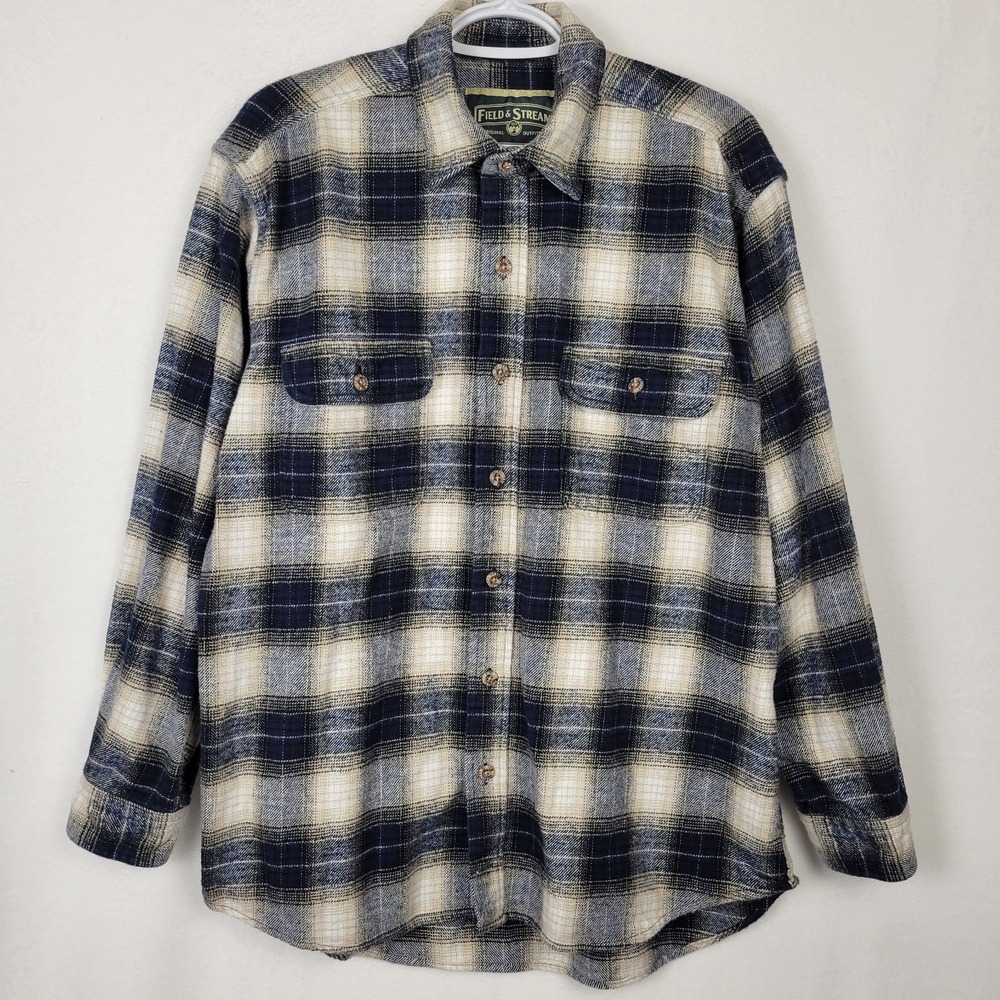 Vtg Field & Stream Shirt Men L Blue Plaid Flannel Button Up Heavyweight Pockets